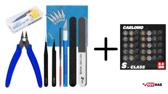 Bộ dụng cụ wheel swap xe mô hình gồm kìm, dao, nhíp, dũa và bánh cao su mâm độ