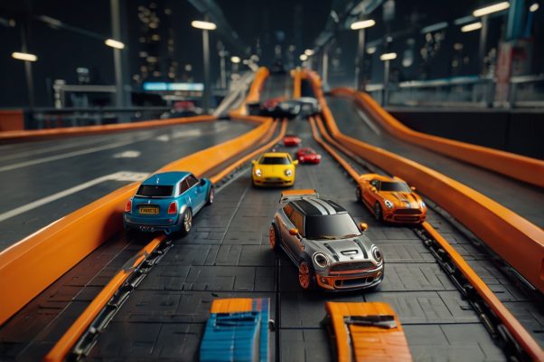 “Một bộ playset Hot Wheels với đường đua siêu tốc cạnh mô hình Mini GT trên giá trưng bày.”