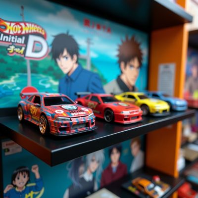 Mô hình hotwheels initial d trưng bày cùng phông nền anime