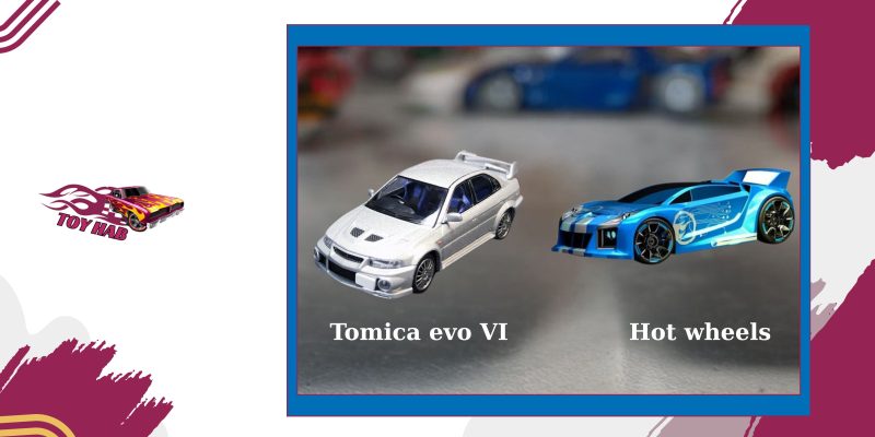 Hai mô hình Tomica Evo và Hot Wheels đặt cạnh nhau để đối chiếu chi tiết.