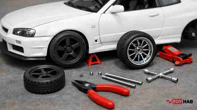 Xe mô hình đang trong quá trình thay bánh từ bánh nhựa sang bánh cao su mâm độ