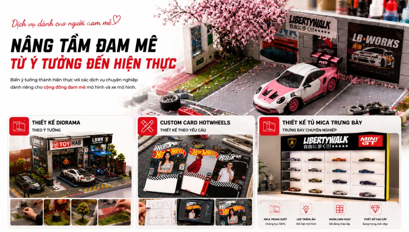 Banner dịch vụ thiết kế mô hình và phụ kiện xe mô hình 1:64 chuyên nghiệp tại Toy Hab.