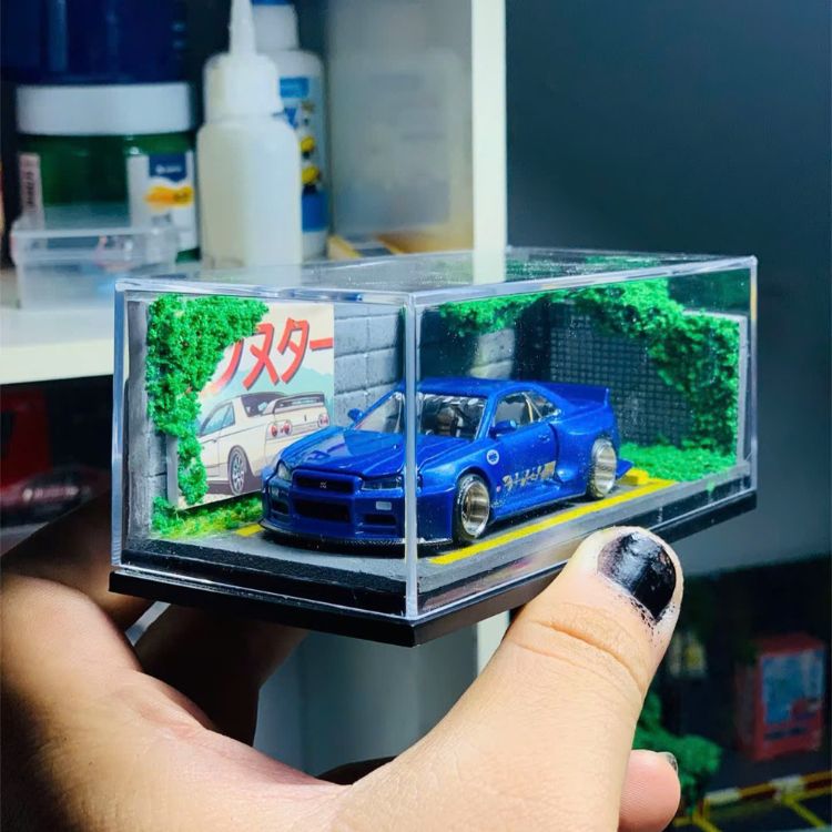 diorama-phong-cach-jdm tổng thể diorama hộp mica trưng bày xe mô hình 1:64 phong cách JDM